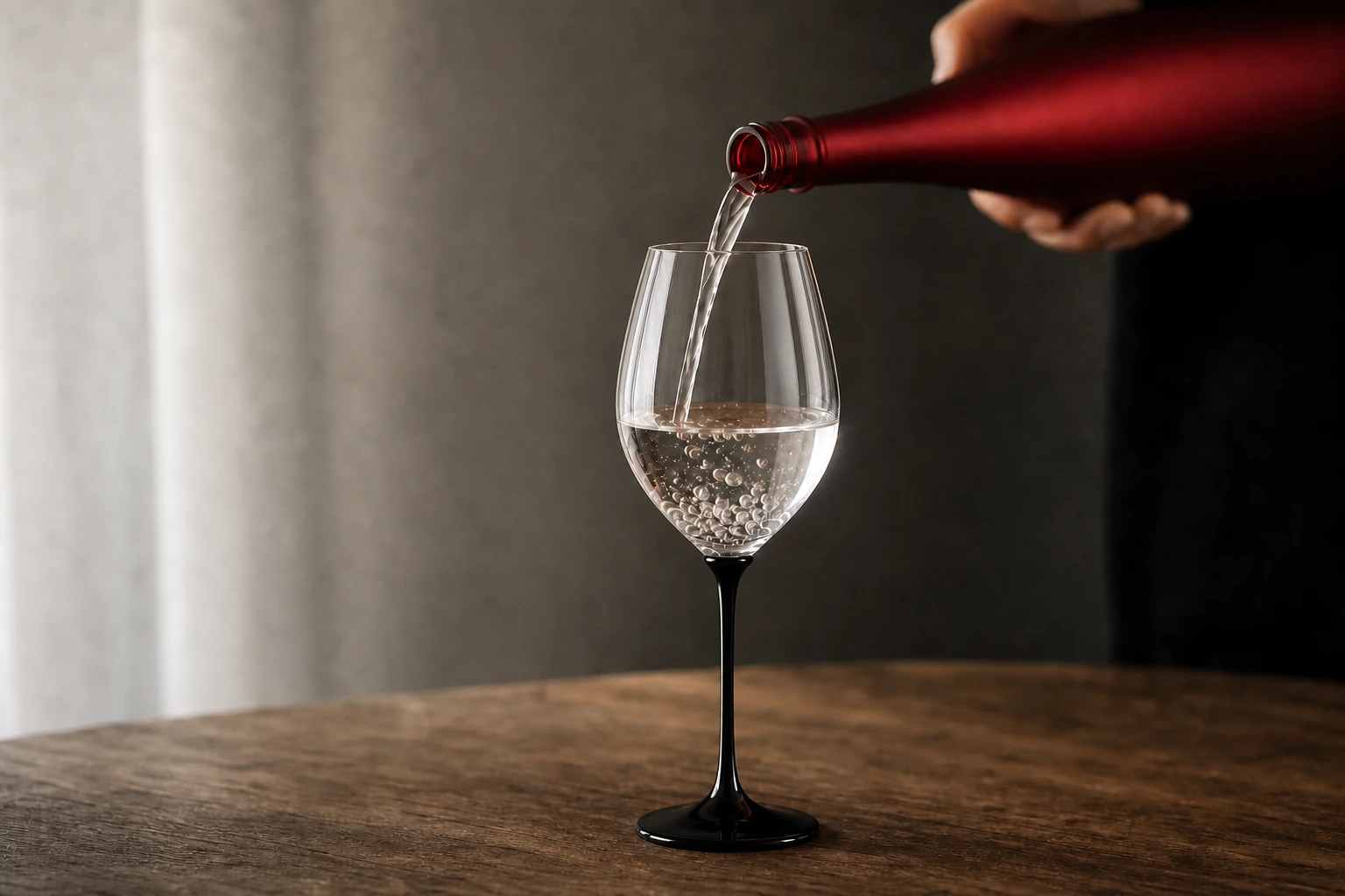 ワイングラスへ日本酒を注ぐ様子
